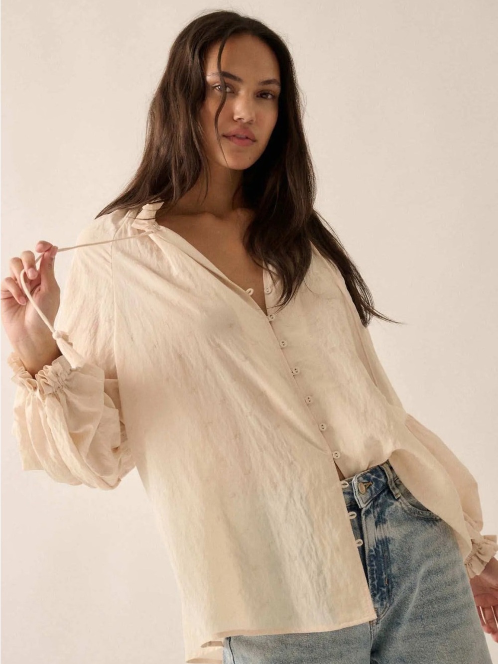 Light Cream Buttoned Jacquard Tie-Neck Peasant Top (M)